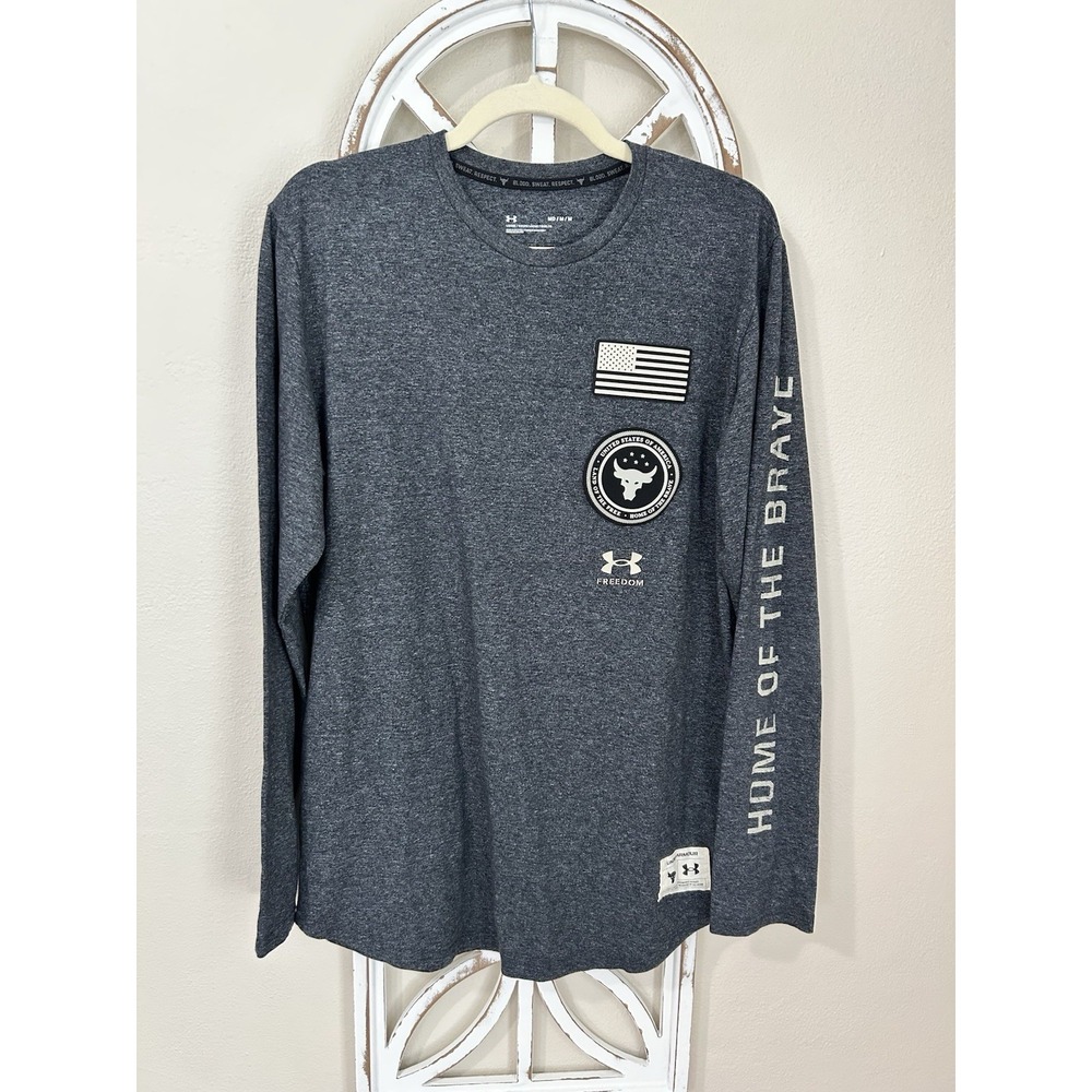 Under Armour Project Rock Freedom Mens M Gray Long Sleeve Shirt Bull Logo USA *9